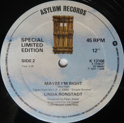Linda Ronstadt : Blue  Bayou (12", Single, Ltd)
