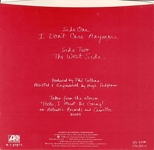 Phil Collins : I Don't Care Anymore (7", Single, Spe)