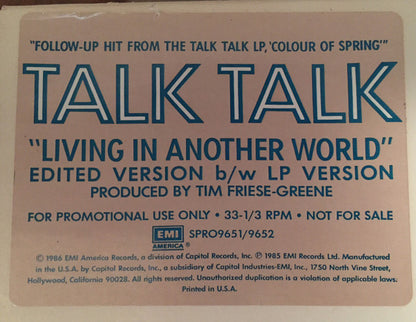 Talk Talk : Living In Another World (12", Single, Promo)