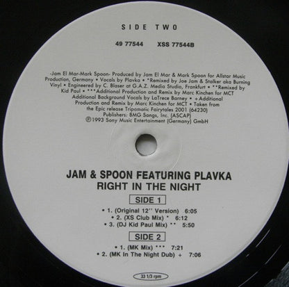 Jam & Spoon Featuring Plavka : Right In The Night (Fall In Love With Music) (12")