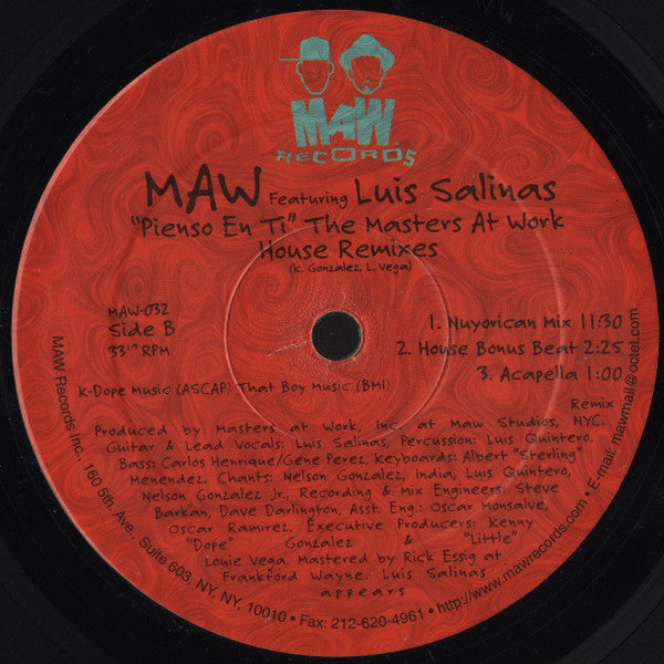 MAW* Featuring Luis Salinas : Pienso En Ti (I Think Of You) (House Remixes) (12")