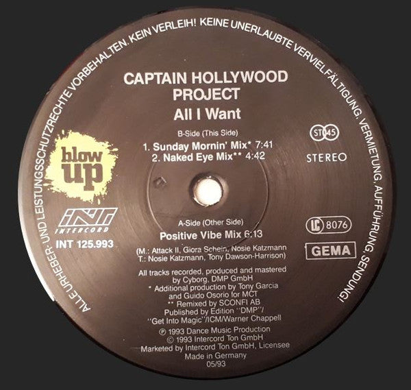 Captain Hollywood Project : All I Want (12")