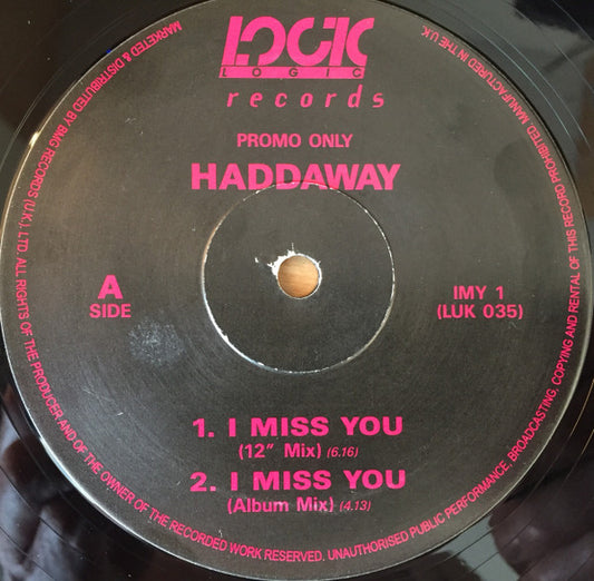 Haddaway : I Miss You (12", Promo)