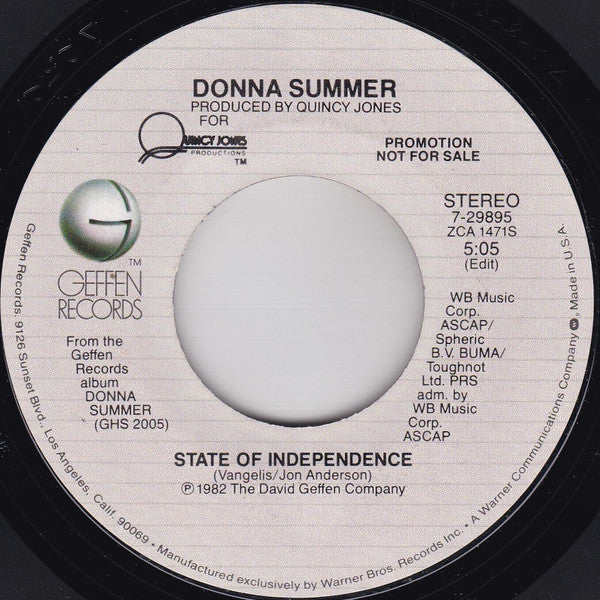 Donna Summer : State Of Independence (7", Promo, Styrene, All)