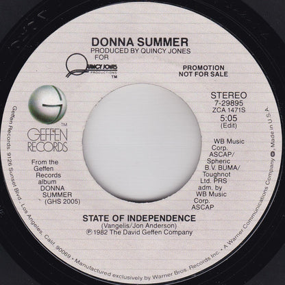 Donna Summer : State Of Independence (7", Promo, Styrene, All)
