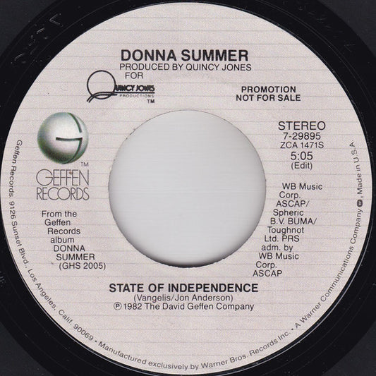 Donna Summer : State Of Independence (7", Promo, Styrene, All)