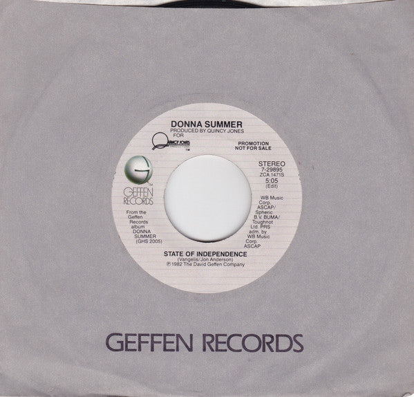 Donna Summer : State Of Independence (7", Promo, Styrene, All)