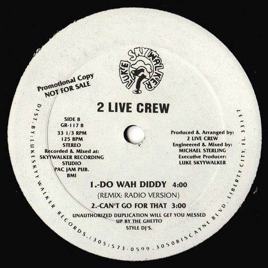 The 2 Live Crew : Do Wah Diddy (12", Promo)