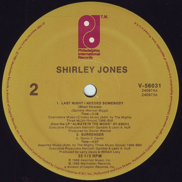Shirley Jones : Last Night I Needed Somebody (12")