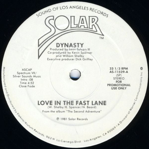 Dynasty : Love In The Fast Lane (12", Mono, Promo)