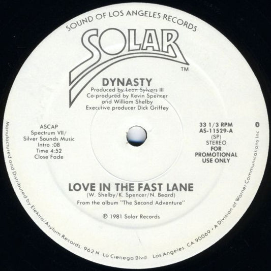 Dynasty : Love In The Fast Lane (12", Mono, Promo)