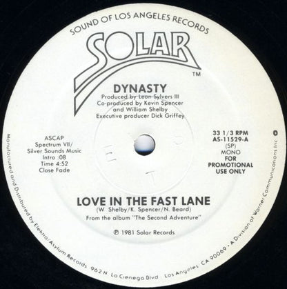 Dynasty : Love In The Fast Lane (12", Mono, Promo)