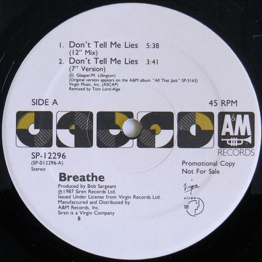Breathe (3) : Don't Tell Me Lies (12", Promo)