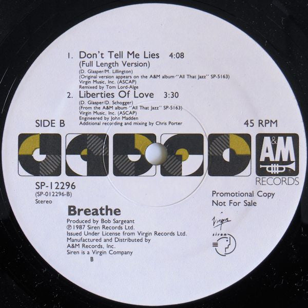 Breathe (3) : Don't Tell Me Lies (12", Promo)