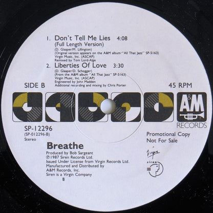 Breathe (3) : Don't Tell Me Lies (12", Promo)