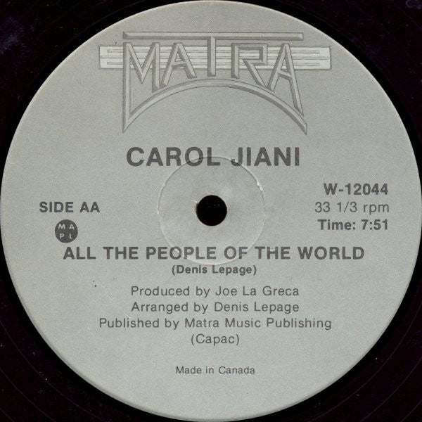Carol Jiani : Hit 'N Run Lover / All The People Of The World (12", RP, Sil)