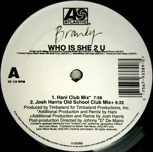 Brandy (2) : Who Is She 2 U (Dance Mixes) (2x12", Maxi)