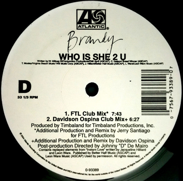 Brandy (2) : Who Is She 2 U (Dance Mixes) (2x12", Maxi)