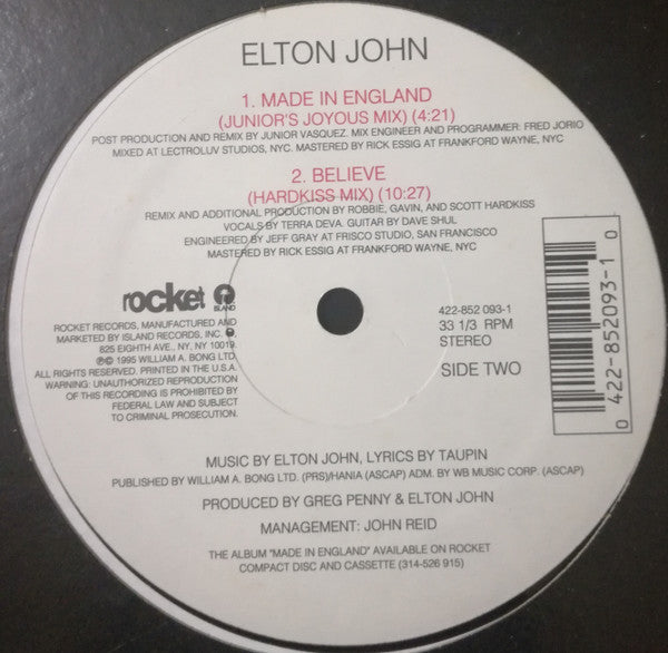 Elton John : Made In England / Believe (12")