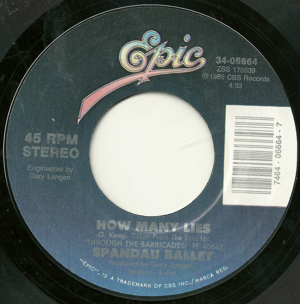 Spandau Ballet : How Many Lies (7", Single, Styrene)