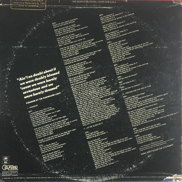 Meat Loaf : Paradise By The Dashboard Light (12", Promo)
