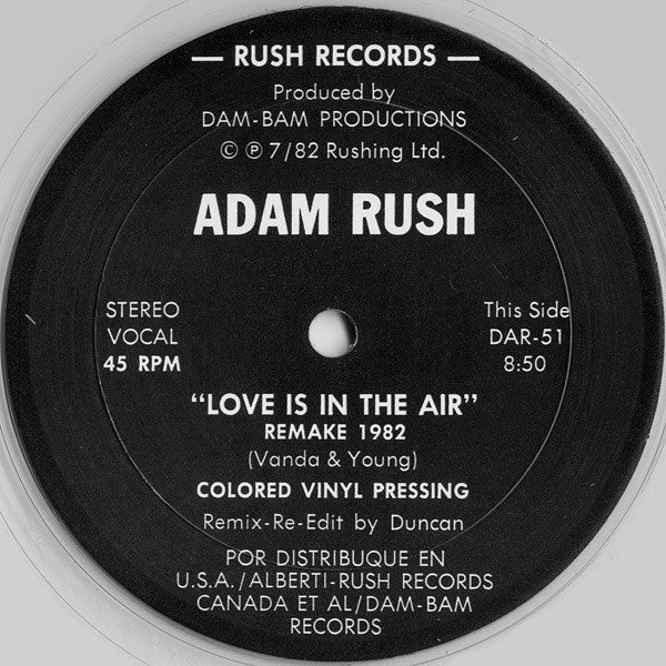 Adam Rush : Love Is In The Air / Stop! (12", Single, cle)
