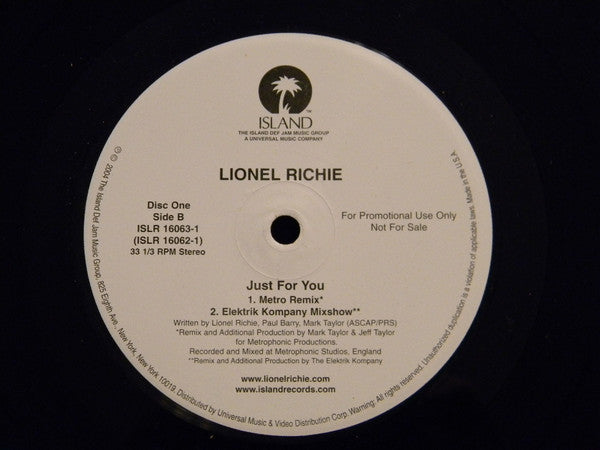 Lionel Richie : Just For You - The Dance Remixes (2x12", Promo)