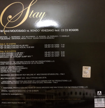 T&F vs. Moltosugo vs. Rondò Veneziano Feat. Ce Ce Rogers : Stay (12")