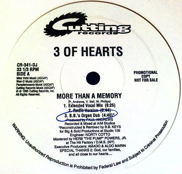 3 Of Hearts : More Than A Memory (12", Promo)