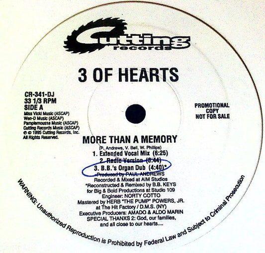 3 Of Hearts : More Than A Memory (12", Promo)