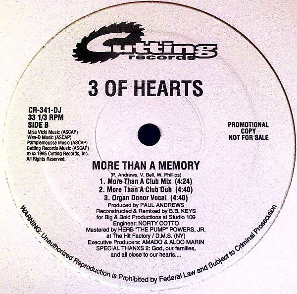 3 Of Hearts : More Than A Memory (12", Promo)