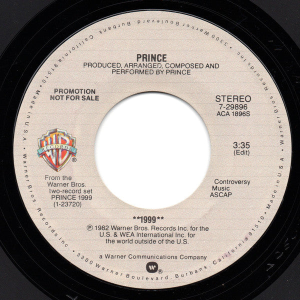 Prince : 1999 (7", Single, Mono, Promo, Styrene, All)