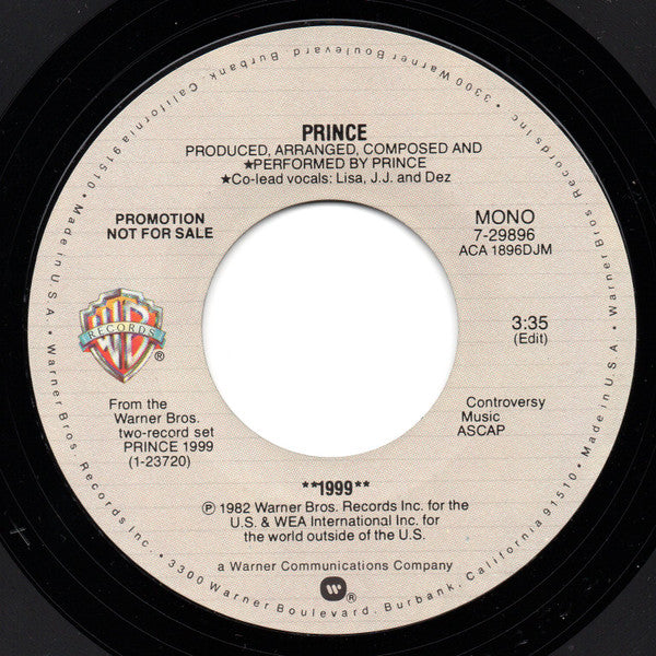 Prince : 1999 (7", Single, Mono, Promo, Styrene, All)