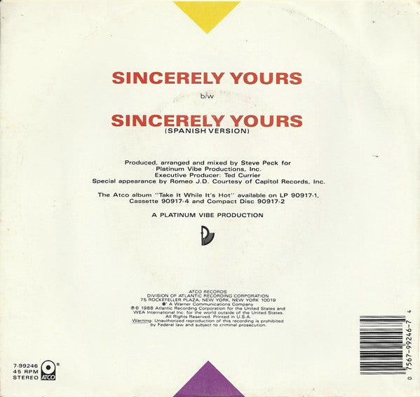 Sweet Sensation With Romeo J.D. : Sincerely Yours (7", Single)