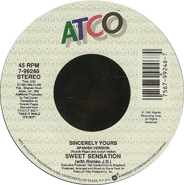 Sweet Sensation With Romeo J.D. : Sincerely Yours (7", Single)