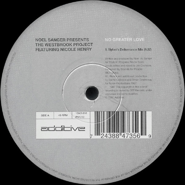 Noel Sanger* Presents The Westbrook Project* Featuring Nicole Henry : No Greater Love (12")