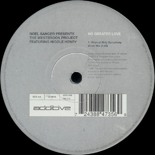 Noel Sanger* Presents The Westbrook Project* Featuring Nicole Henry : No Greater Love (12")