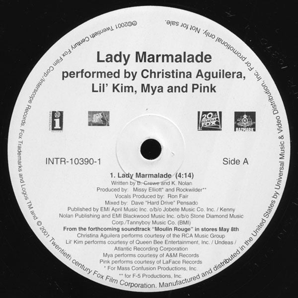 Christina Aguilera, Lil' Kim, Mya And Pink* : Lady Marmalade (12", Promo)
