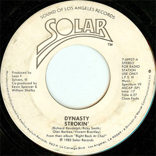 Dynasty : Strokin' / A Man In Love (7", Promo)