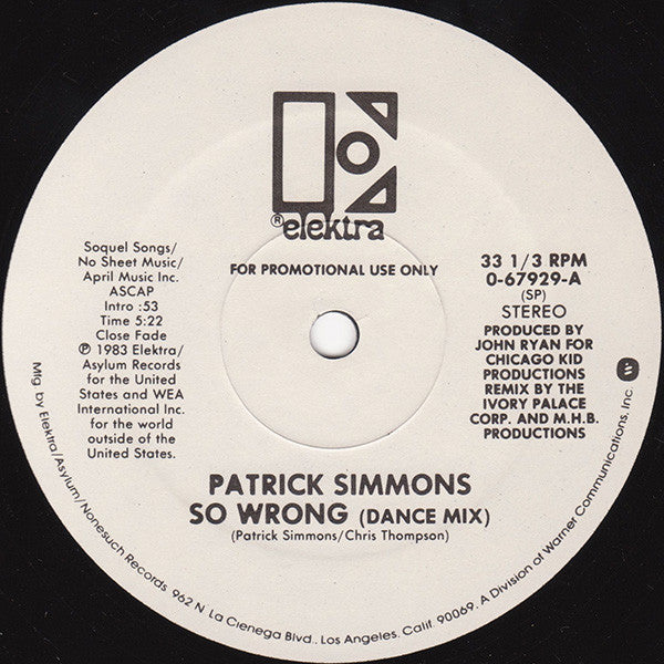 Patrick Simmons : So Wrong (12", Promo)