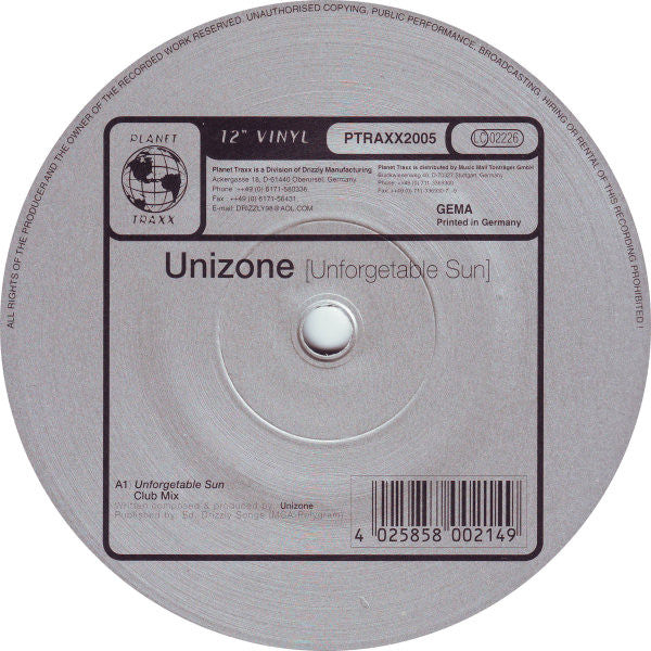 Unizone : Unforgetable Sun (12")