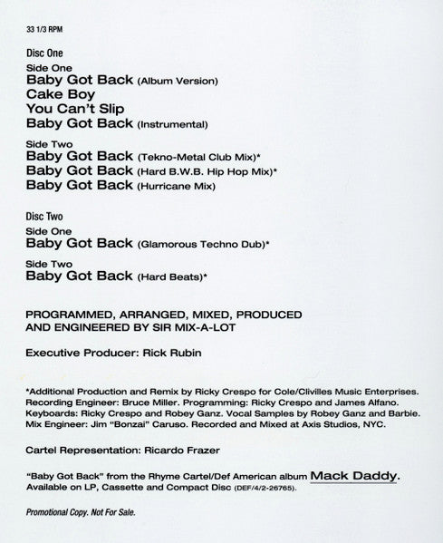 Sir Mix-A-Lot : Baby Got Back (2x12", Single, Promo)