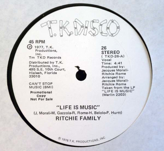 The Ritchie Family : Life Is Music / Lady Luck (12", Promo)