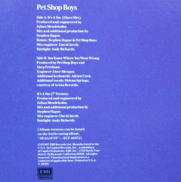 Pet Shop Boys : It's A Sin (12", RE)