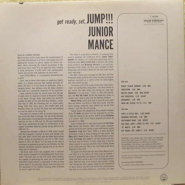 Junior Mance Trio With The Bob Bain Brass Ensemble : Get Ready, Set, Jump!!! (LP, Album, Mono)