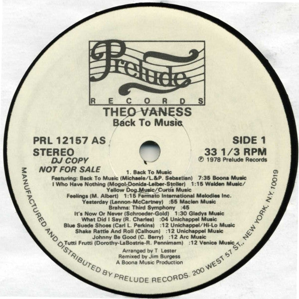 Theo Vaness : Back To Music (LP, Album, Promo)