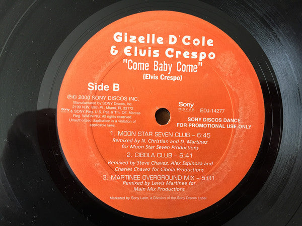 Gizelle D'Cole & Elvis Crespo : Come Baby Come (12", Promo)