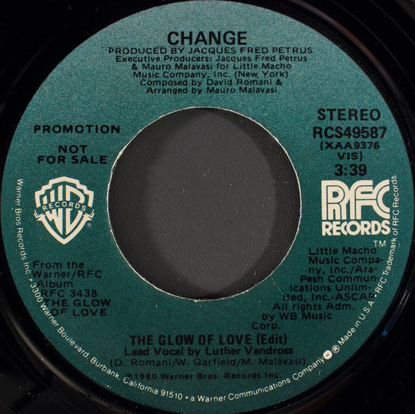 Change : The Glow Of Love (7", Single, Mono, Promo)