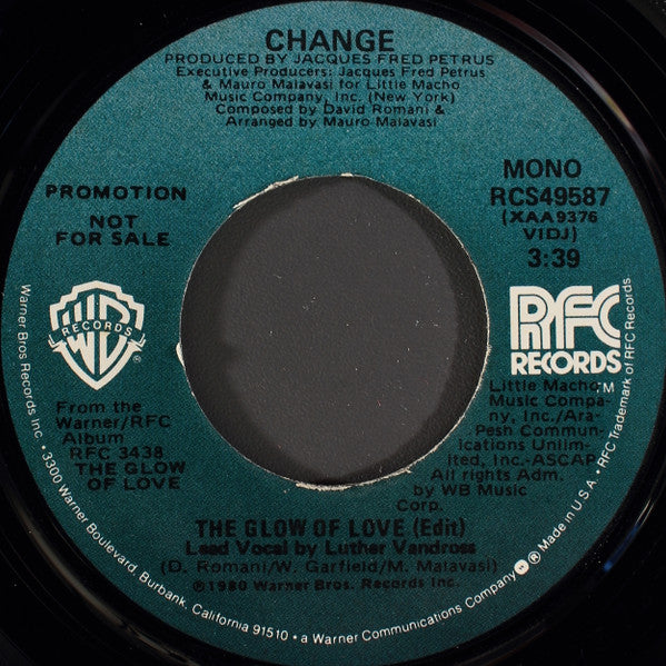 Change : The Glow Of Love (7", Single, Mono, Promo)