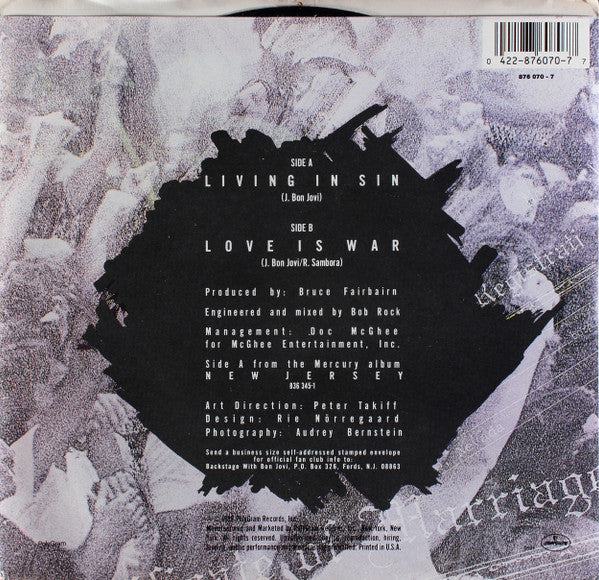 Bon Jovi : Living In Sin (7", Single, Spe)